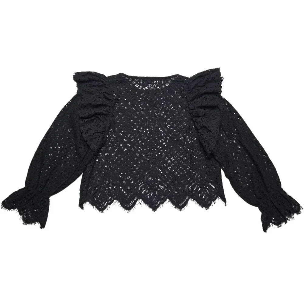 Zara‎ Crop Top Women Medium Black Sheer Open Knit Bell Sleeve Whimsigoth Ruffle